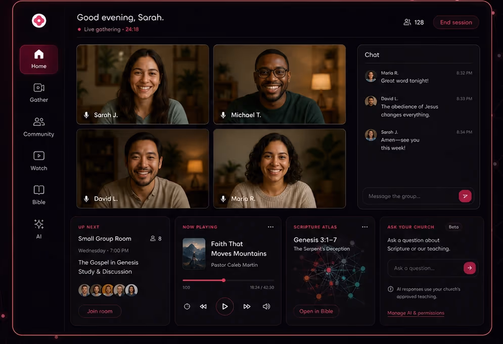 A Cartha church hub with a live gathering, community chat, small group room, sermon media, Scripture Atlas, and church-tuned AI